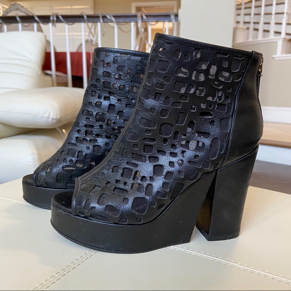 Chanel Mesh Black Ankle Peep Toe Heeled Boot Wedge